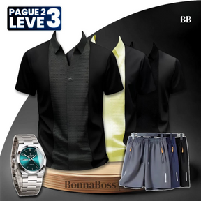 [Pague 2, Leve 3] Camisa Polo Casual Italian em Seda Gelo e Poliéster + BRINDES: 3 Bermudas e Relógio